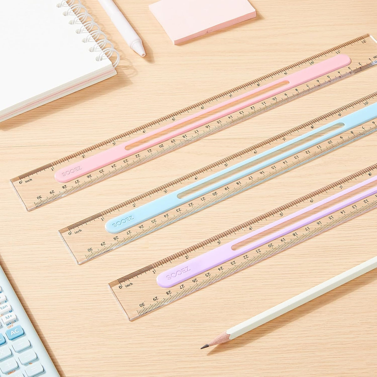 Sooez 3 Pack Ruler 12 Inch, Anti-Slip Clear Rulers for Kids School, Pastels