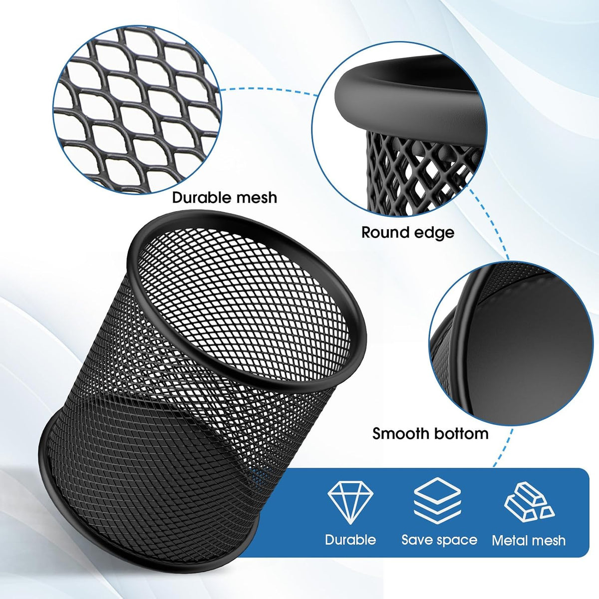 MaxGear Pen Holder for Desk 3 Pack,Mesh Metal, Non-Slip EVA Pad, 3.7’’ Tall