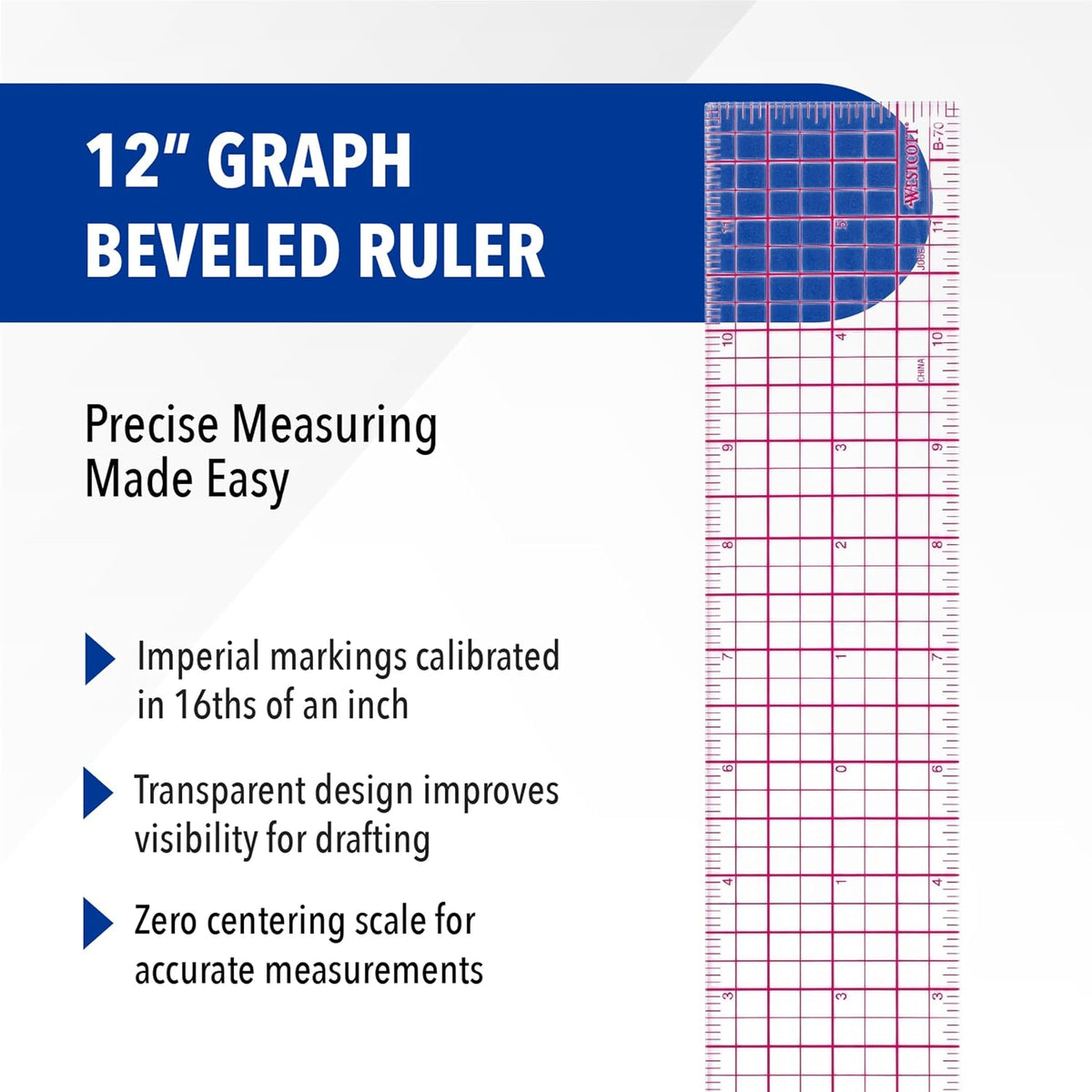 Westcott B-70 8ths Graph Beveled Ruler, 12 in