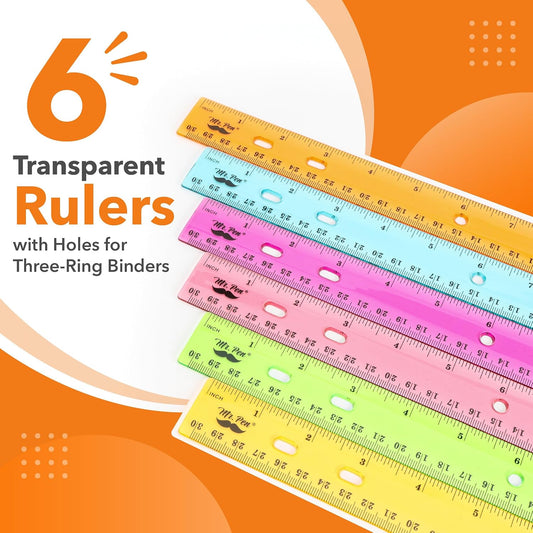 Mr. Pen- Transparent Rulers with Holes for Three-Ring Binders, 12", 6 Pack