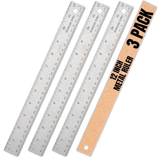 1InTheOffice Metal Ruler 12 Inch, Stainless Steel 12 Inch Ruler with Cork Back and Hanging Hole - 1/16" Standard Scale 12 inch - 3 Pack