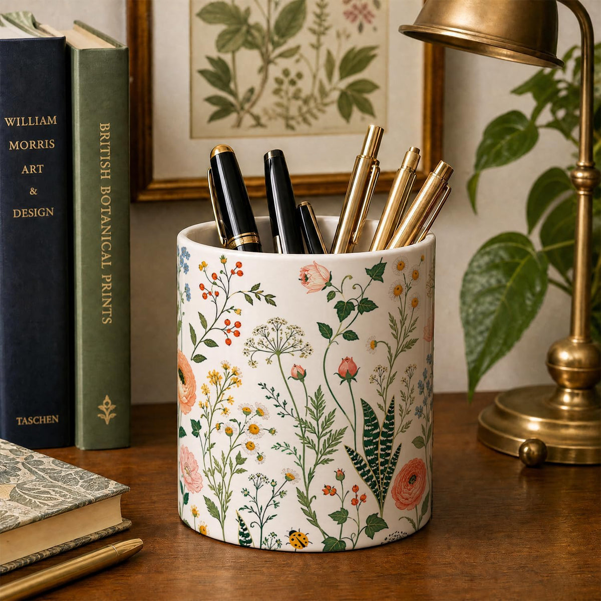 Pen Holder for Desk Ceramic Pencil Cup, Cute Makeup Brush Desk Organizer, Desk Accessories, School Supplies, Teacher Appreciation Gifts, Birthday Christmas Gift for Women (Green plants)