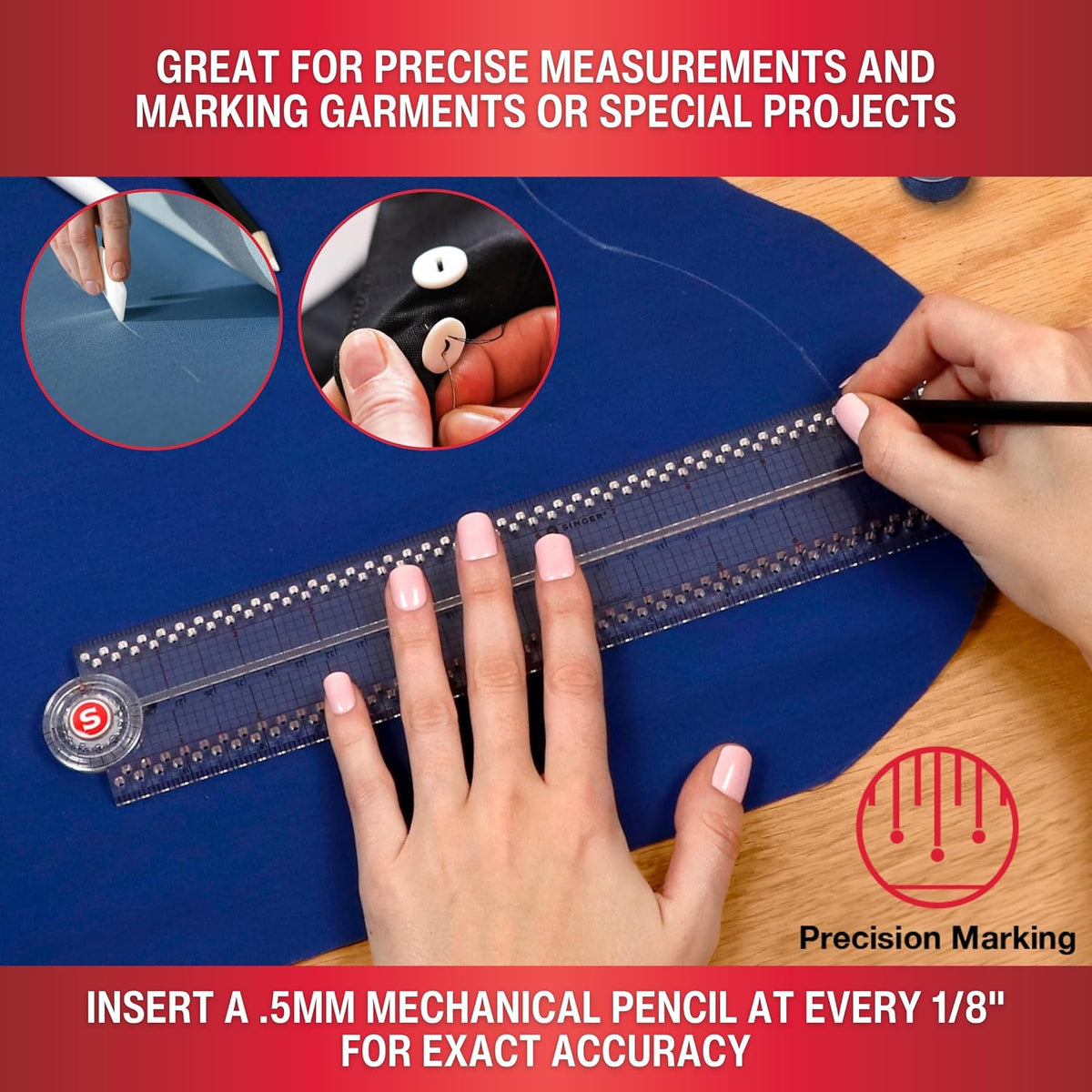 SINGER 24-Inch Folding Ruler with Precision Marking & Grid Lines for Sewing, Quilting, Crafting & Patternmaking - Clear Metric Ruler - Zero-Centering, 15 Increment Quick Angle Ruler, Folds to 12”