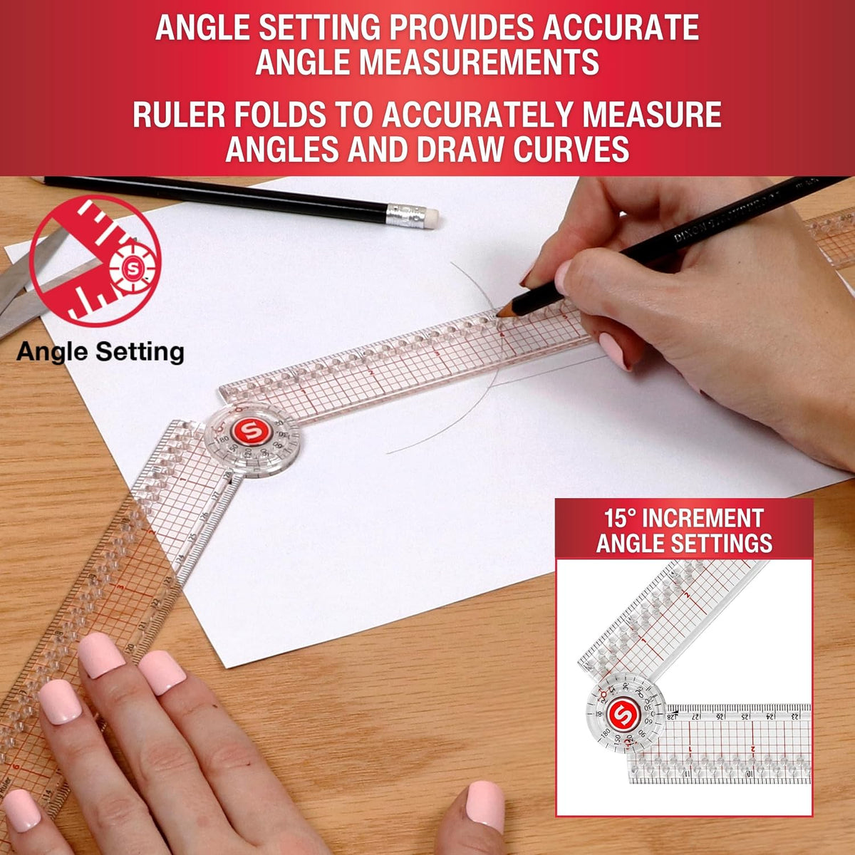 SINGER 24-Inch Folding Ruler with Precision Marking & Grid Lines for Sewing, Quilting, Crafting & Patternmaking - Clear Metric Ruler - Zero-Centering, 15 Increment Quick Angle Ruler, Folds to 12”