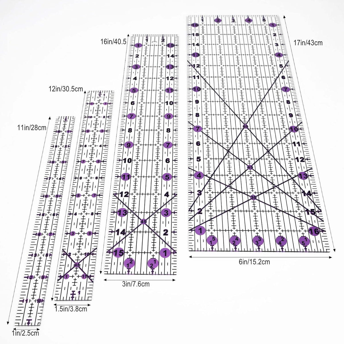 Quilting Rulers Sewing Ruler,Acrylic Quilting Ruler Templates,Precision Cutting Tools for Patchwork Fabric,Sewing Supplies Purple(6"X17",3"X16",1.5"X12",1"X11")