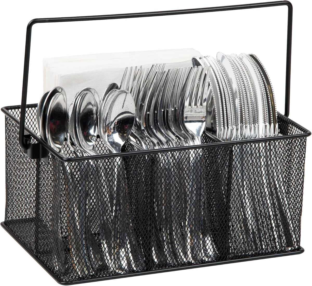 Mind Reader Multi-purpose Storage Caddy with Handle, Desktop Organizer, Cutlery Holder, 4 Compartments, Metal Mesh, Black