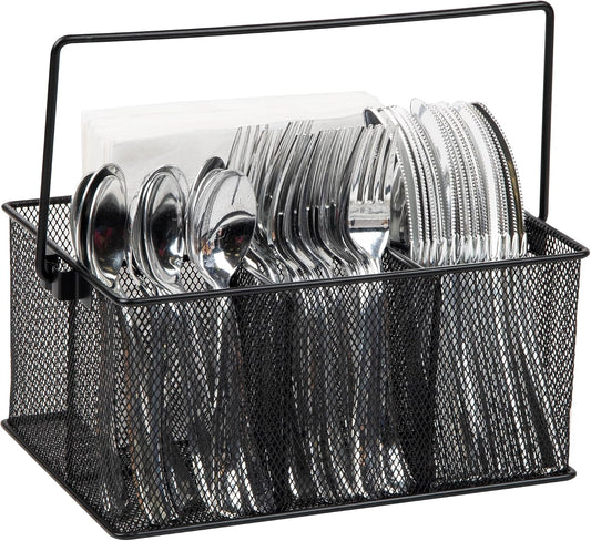 Mind Reader Multi-purpose Storage Caddy with Handle, Desktop Organizer, Cutlery Holder, 4 Compartments, Metal Mesh, Black