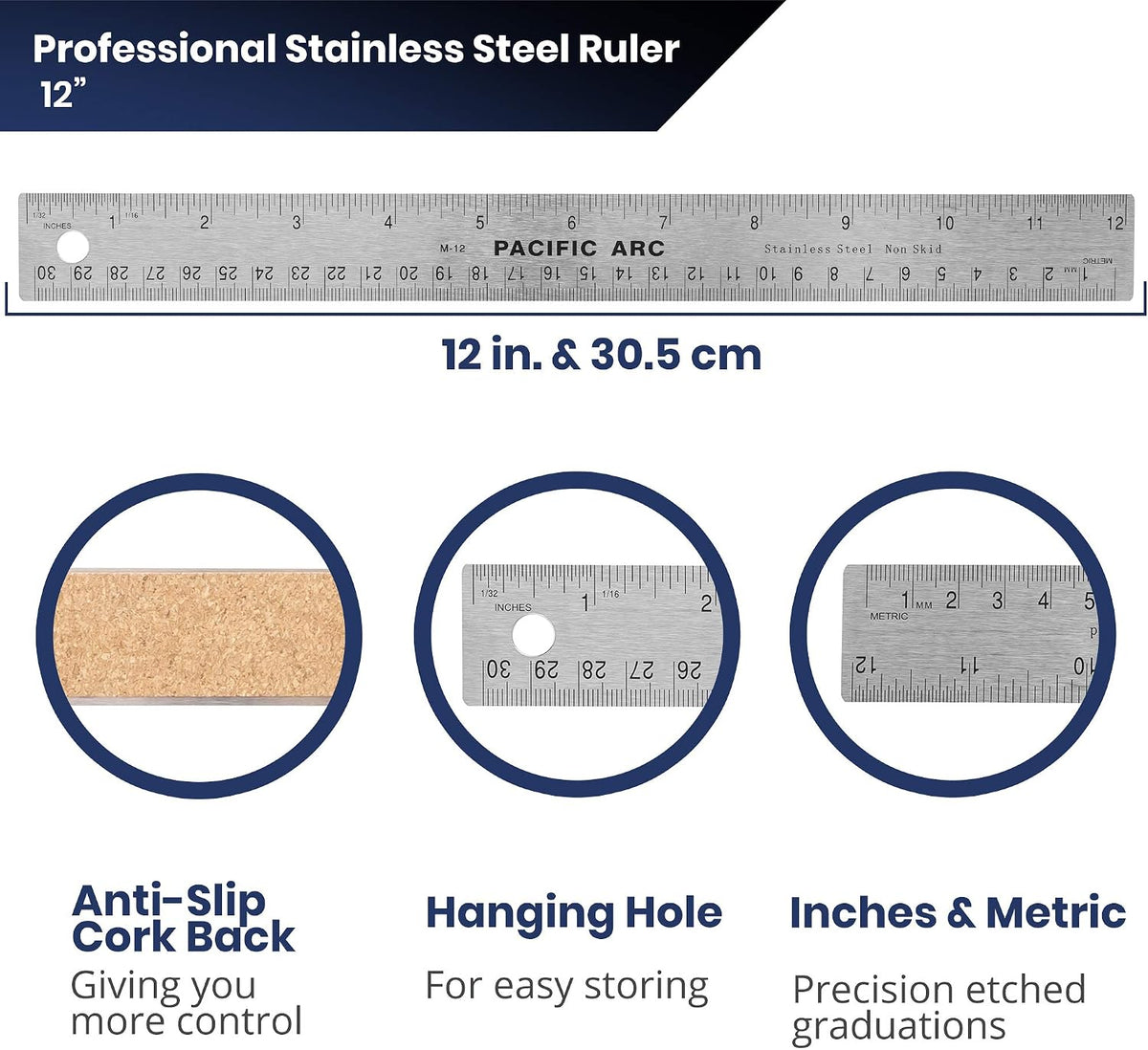 Pacific Arc Stainless Steel 12 Inch Metal Ruler Non-Slip Cork Back, with Inch and Metric Graduations