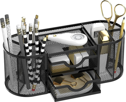 SUPEASY Mesh Desk Organizer, Pen Holder for Desk with 2 Drawers, Black