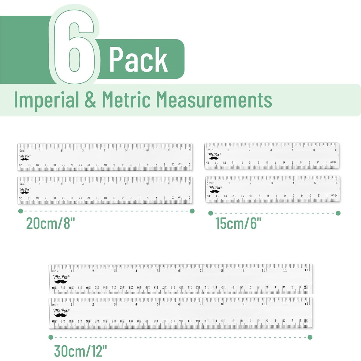 Mr. Pen- Clear Ruler Set, 6 Pack, 6", 8" and 12", Metric & Imperial