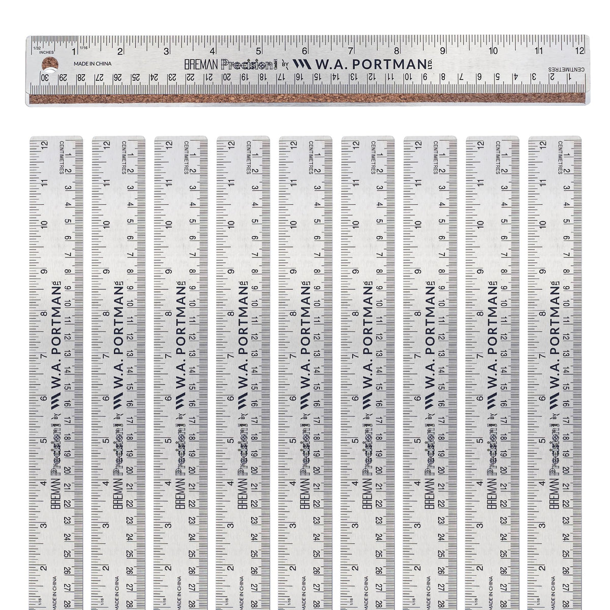 WA Portman Metal Ruler 12'', Metric Edge Corkback Stainless Steel Ruler