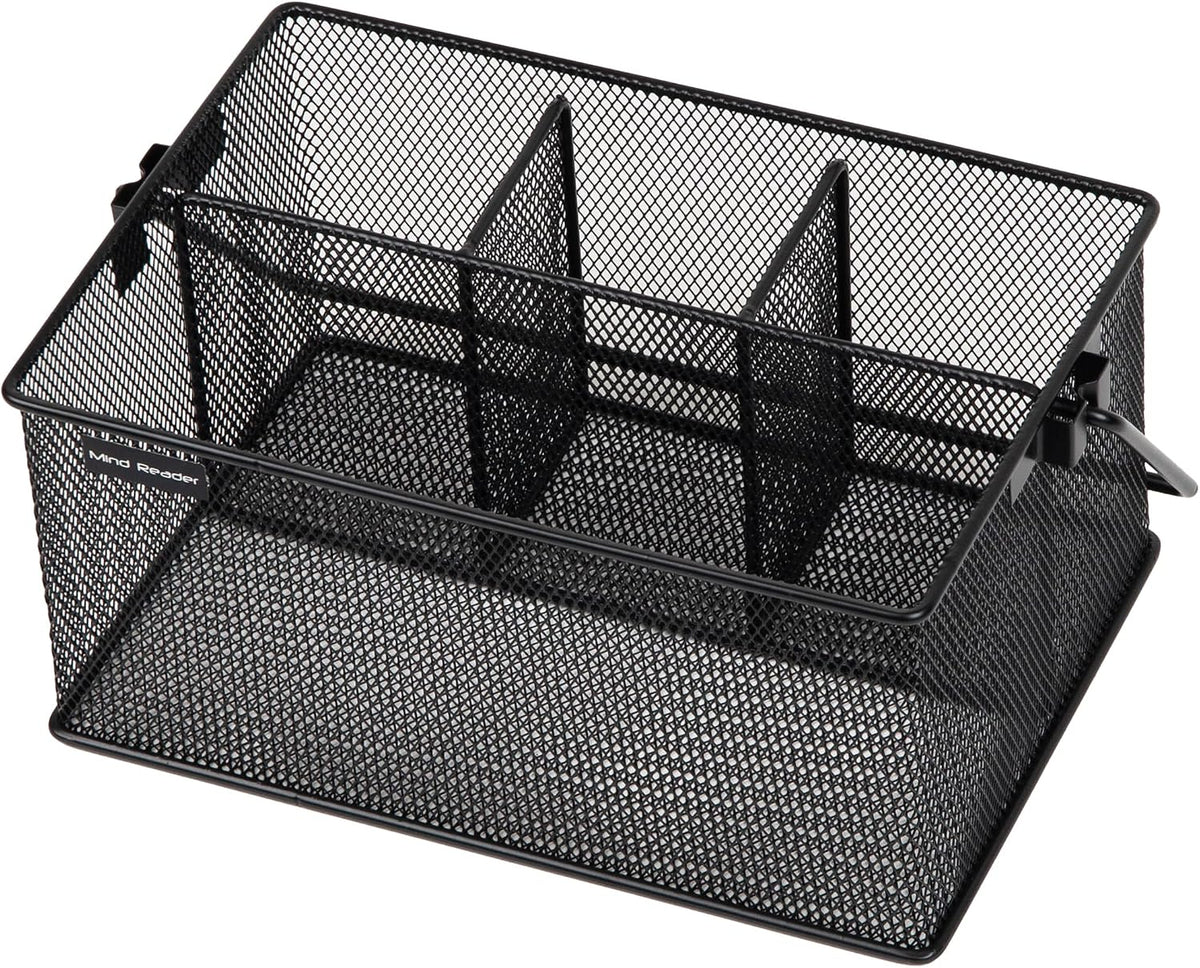 Mind Reader Multi-purpose Storage Caddy with Handle, Desktop Organizer, Cutlery Holder, 4 Compartments, Metal Mesh, Black