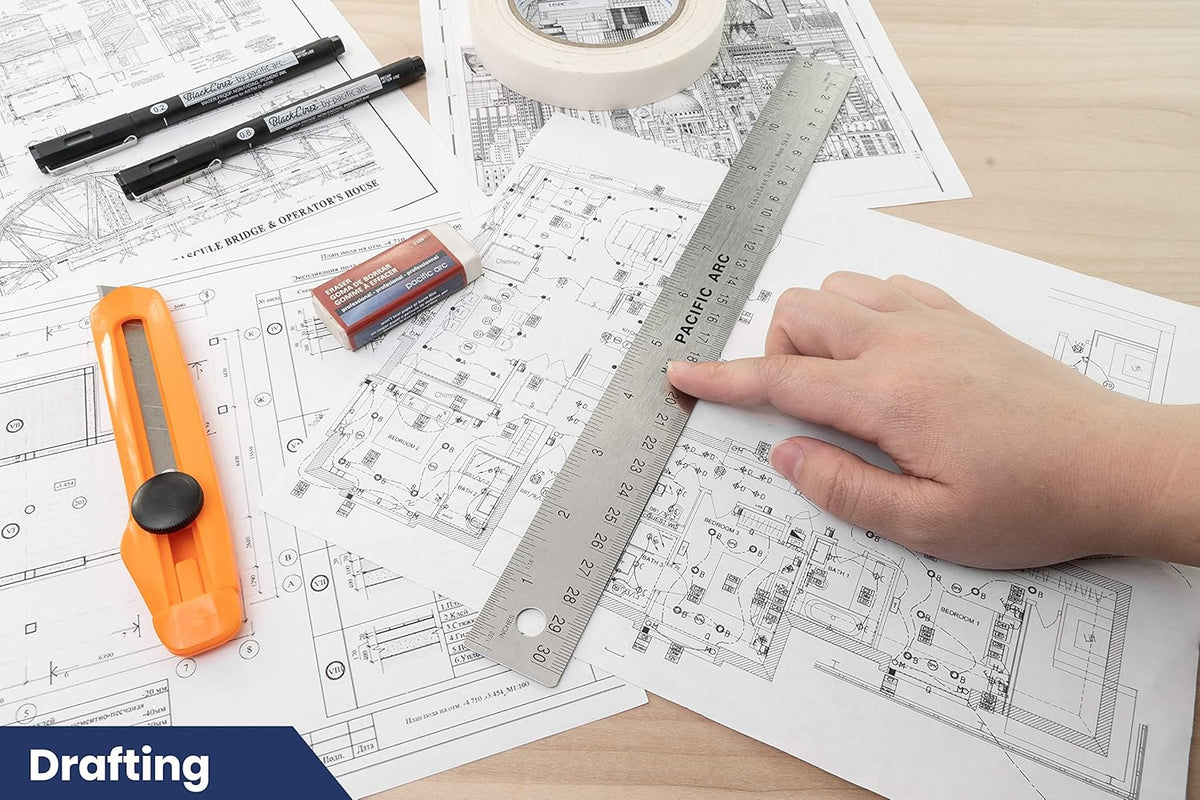 Pacific Arc Stainless Steel 12 Inch Metal Ruler Non-Slip Cork Back, with Inch and Metric Graduations