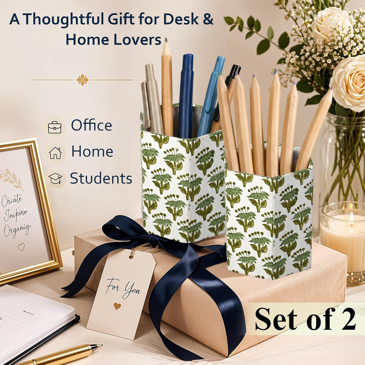CPC Emerald Green Block Print Cotton Pen Holder Set of 2