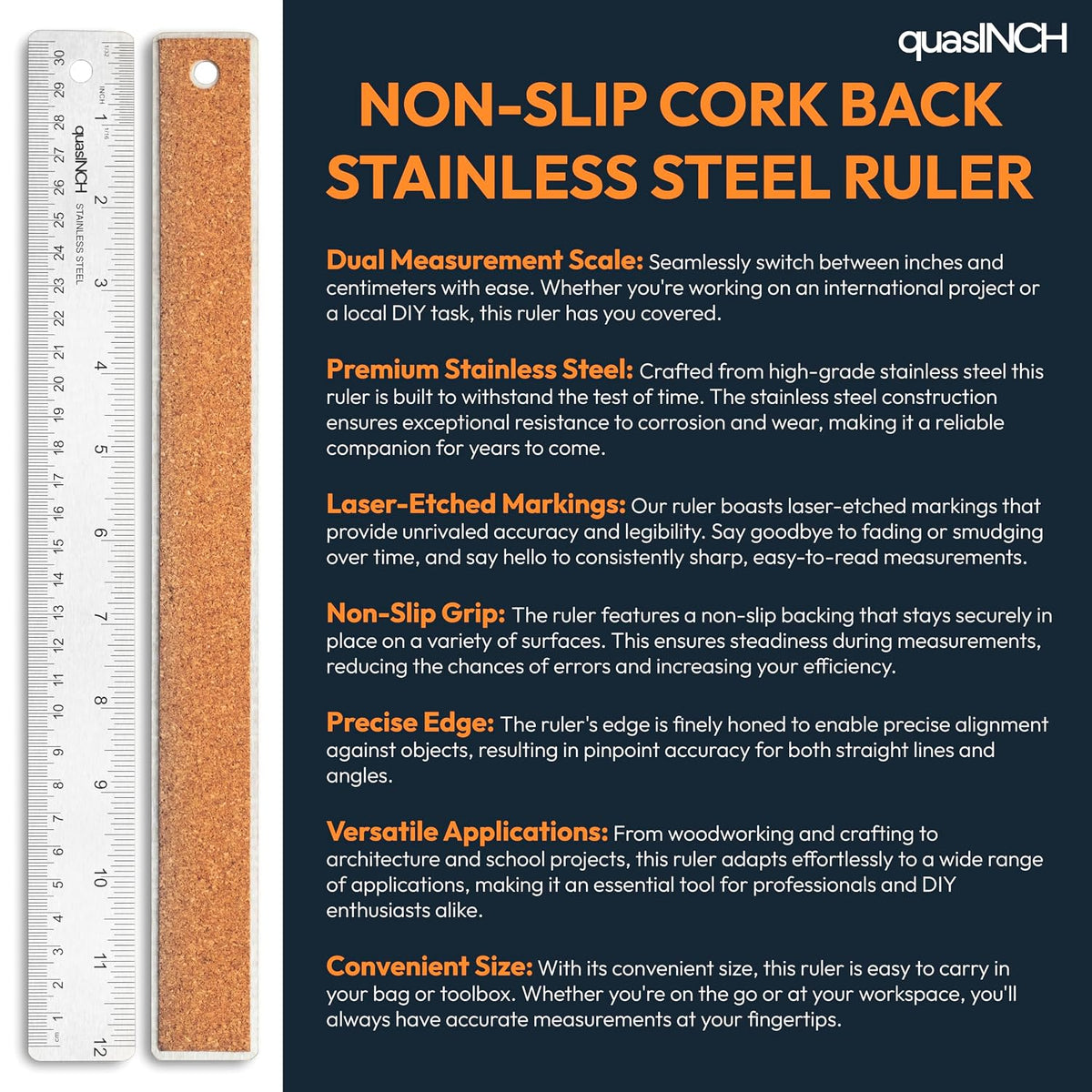 Stainless Steel Metal Ruler, 30.5 cm & 12 inches, Silver Color